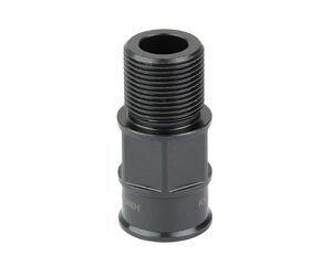 Black plastic threaded pipe adapter fitting with male threads on top and a gray hex-shaped body