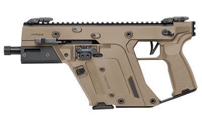 Tan bullpup-style assault rifle with rail system, foregrip, and muzzle device shown from side.