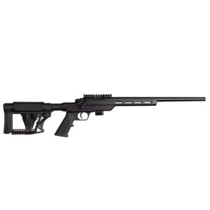 Black long-barreled rifle with adjustable stock and modular handguard on a white background.