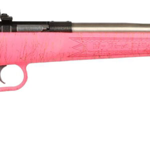 Pink bolt-action rifle with a long silver barrel shown in profile on a white background.