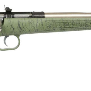 Bolt-action rifle with a green camo stock and long steel barrel, shown in profile.
