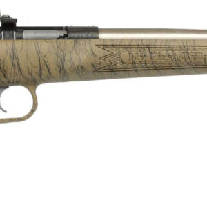 Bolt-action rifle with a tan camo pattern stock and long metal barrel viewed from the side