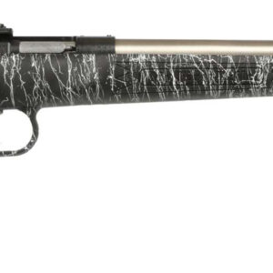 Bolt-action rifle with a cracked black stock and a long silver barrel, shown from the side.