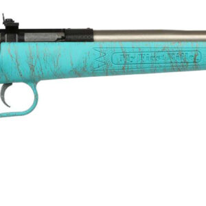 Turquoise bolt‑action rifle with a long metal barrel and black sights, shown in profile.
