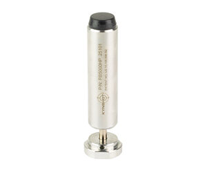 Silver cylindrical microphone capsule with a black top, mounted on a small round metal stand.