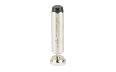 Silver cylindrical microphone capsule with a black top, mounted on a small round metal stand.