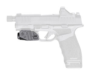 Semi-automatic pistol with a black under-barrel tactical flashlight mounted on the rail beneath the barrel and grip area.
