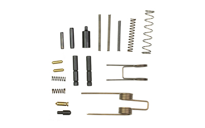 Assorted small springs, pins, and metal components arranged in a grid for a repair kit.