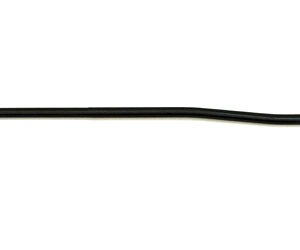 Long black cylindrical rod with a slight bend, laid horizontally, with a small silver pin nearby to the right.