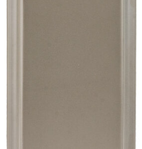 Metal firearm magazine (pistol magazine) tall rectangular metal body with a small feed top and two baseplate openings at the bottom