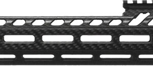 Black Lancer AR-style rifle handguard with multiple slotted sections and a mounting rail at the top, shown in side view.