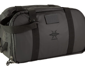 Dark gray duffel bag with black straps, side handle, and zipper; brand logo visible on the side.