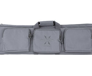 Long gray padded gear bag with three external zip pockets and a central logo.