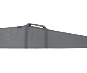 Long grey snowboard bag with carrying handles, zipped closed, laid flat against a white background.