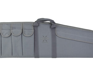 Gray roll-up brush case opened to show five brush slots on the left and a long zipper pocket on the right, with a carrying handle in the center.