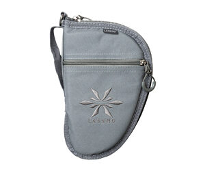 Gray leather coin purse with a wrist strap and front zipper pocket, featuring a palm tree emblem.