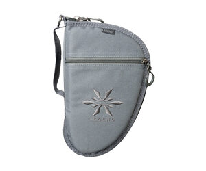 Gray curved zippered pouch with a palm tree logo and a wrist strap, a small carrying case.