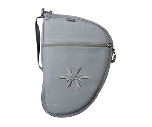 Gray curved, half-moon pouch with a front zipper pocket, a small strap, and a palm-like emblem on the front.