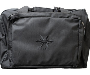 Black duffel bag with a central embroidered logo, two handles, and side zipper pockets on a plain background.
