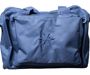 Blue duffel bag with handles and a zippered front pocket featuring a starburst logo.