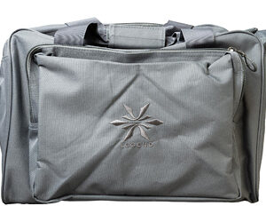 Gray duffel bag with front zip pocket and top handles (travel bag).