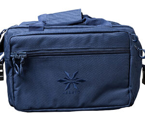 Blue rectangular camera bag with a front zip pocket and top handle, shown against white background