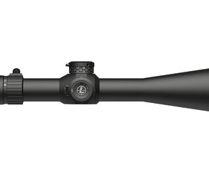 Long black rifle scope with adjustable turrets and a large objective lens for precision aiming.