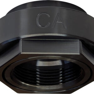 Black metal threaded cap with outer circular housing and inner threaded bore, stamped with 'CA' on the rim