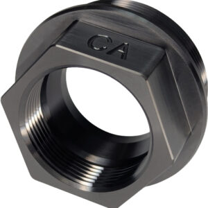 Close-up of a metal hexagonal nut with internal threads, a precision-machined fitting set against a white background.