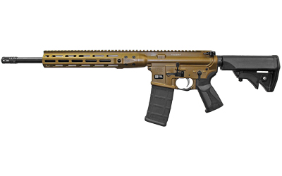 Tan AR-15 style rifle with a long handguard and adjustable stock, shown from the side