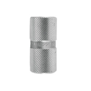 Knurled silver metal cylinder, a small hand tool accessory meant to be gripped and turned.