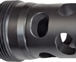 Metal muzzle brake with threaded end and multiple ventilation holes, used on a firearm barrel to reduce muzzle rise