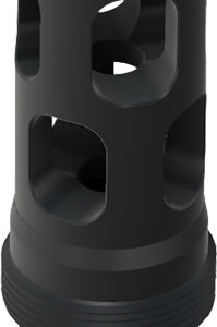 Black cylindrical metal component with square openings and a threaded base for attachment.