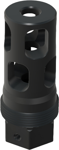 Black cylindrical metal component with square openings and a threaded base for attachment.