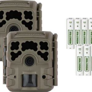 Two camouflaged trail cameras with motion sensors, paired with a set of AA batteries on the side.