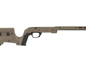 Tan modular rifle with adjustable stock and fore-end, shown in side profile.