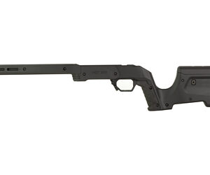 Black tactical rifle stock with adjustable cheek rest and grip, shown in side profile
