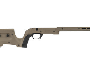 Tan modular precision rifle with adjustable buttstock, pistol grip, and long free-floating barrel in profile view.