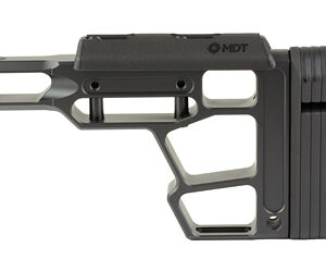 Skeleton-style black rifle stock/brace with cutouts and M-LOK slots, MDT branding, for firearm attachment