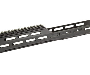Long black rifle handguard with Picatinny rail sections and vent slots, shown at an angle.