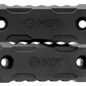 Pair of black MDT mounting blocks with circular holes, stacked together