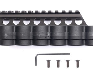 Black Picatinny rail segment with eight circular openings, plus mounting screws and an Allen key.