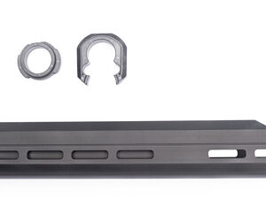 Black AR-15 free-floating handguard with M-LOK slots; two circular barrel-nut components shown above.