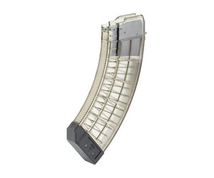Curved translucent rifle magazine with a dark base.