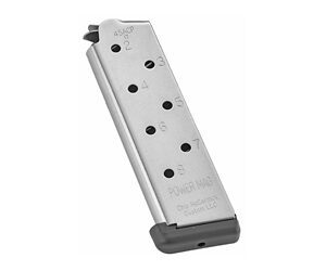 Silver metal handgun magazine with a black baseplate and round-count holes along its side (for a semi-automatic pistol).