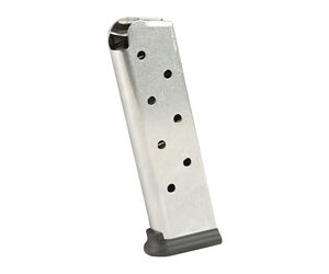 Metal handgun magazine with a black baseplate for a semi-automatic pistol