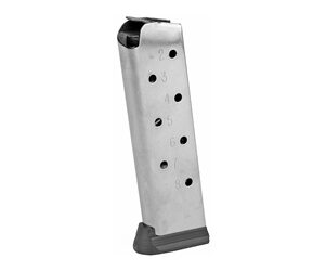 Metal handgun magazine with a gray baseplate, displayed upright.