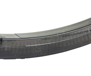 Curved translucent plastic rifle magazine with metal feed lips.