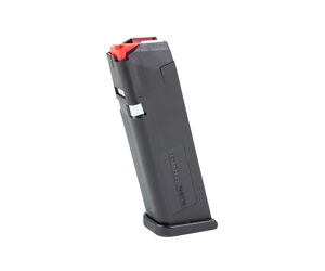 Black handgun/pistol magazine with a red follower on a white background