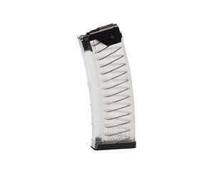 Curved detachable rifle magazine with visible rounds, standing upright.